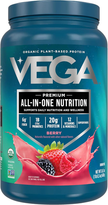 Vega All in One Nutrition Organic - 20g Plant-Based Pea Protein, Berry, 20 Servings, Vitamins A &