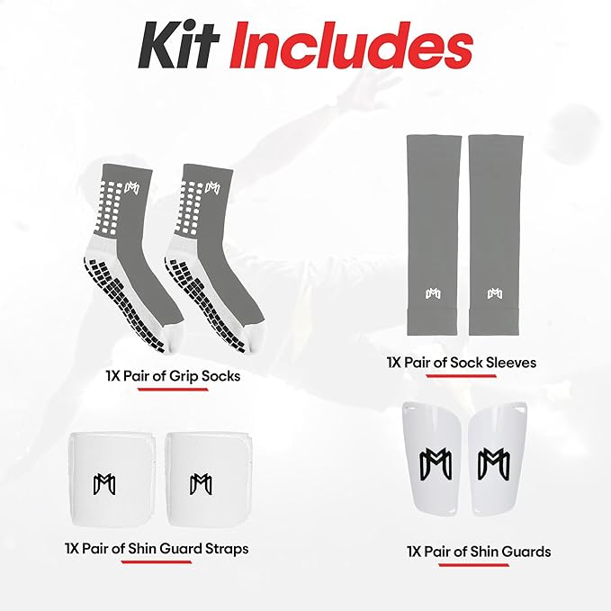 Soccer Grip Socks, Shin Guards, Pre Cut Sock Sleeves, and Guard Straps Bundle Pack - Essential