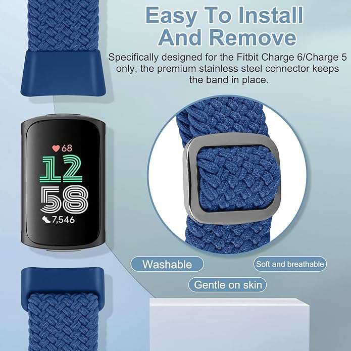 Braided Band Compatible with Fitbit Charge 6/Fitbit Charge 5, Soft Nylon Solo Loop Adjustable