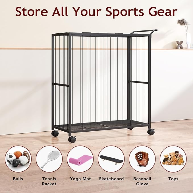 Ball Storage Bin Rolling Sports Ball Cart, Metal Garage Organizer Sport Rack, Ball Basket Storage