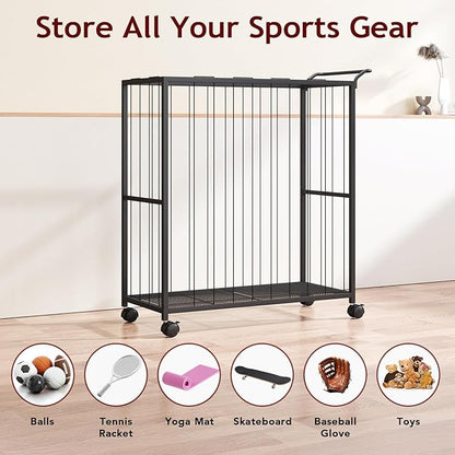 Ball Storage Bin Rolling Sports Ball Cart, Metal Garage Organizer Sport Rack, Ball Basket Storage