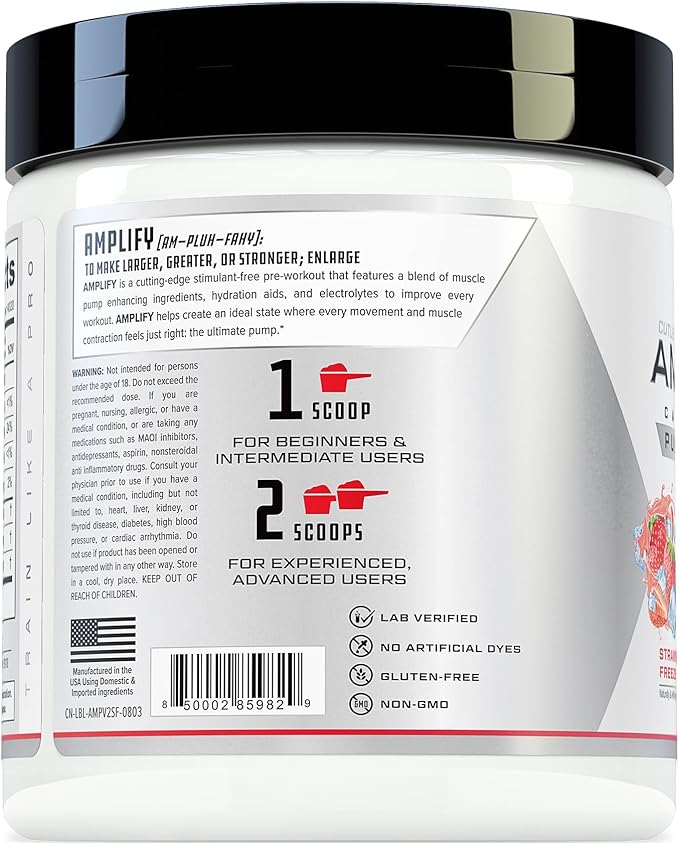 Cutler Nutrition Amplify Pump Pre Workout Caffeine Free Nitric Oxide Booster containing Arginine
