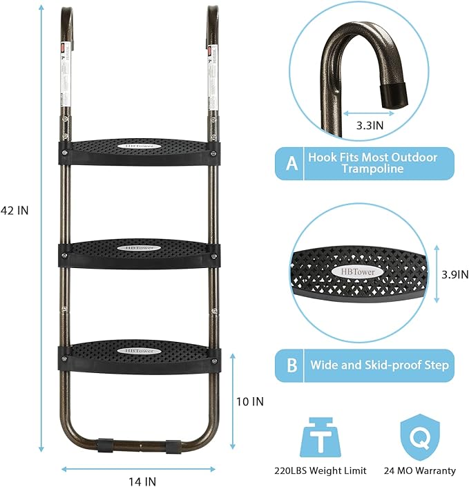 HBTower Trampoline Ladder, 3-Step Trampoline Steps with Horizontal Wide Steps, Skid-Proof Steps