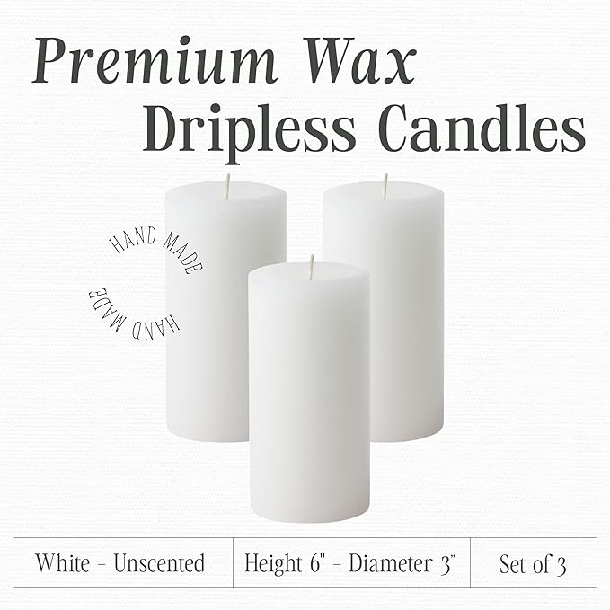 Mister Candle Dripless Unscented Pillar Candles, Set of 3 Hand Poured White Solid Color Non-Scented
