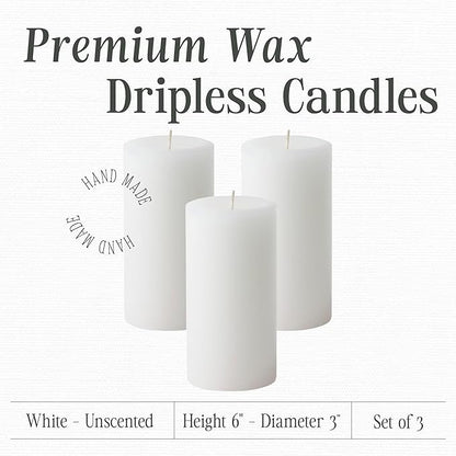 Mister Candle Dripless Unscented Pillar Candles, Set of 3 Hand Poured White Solid Color Non-Scented