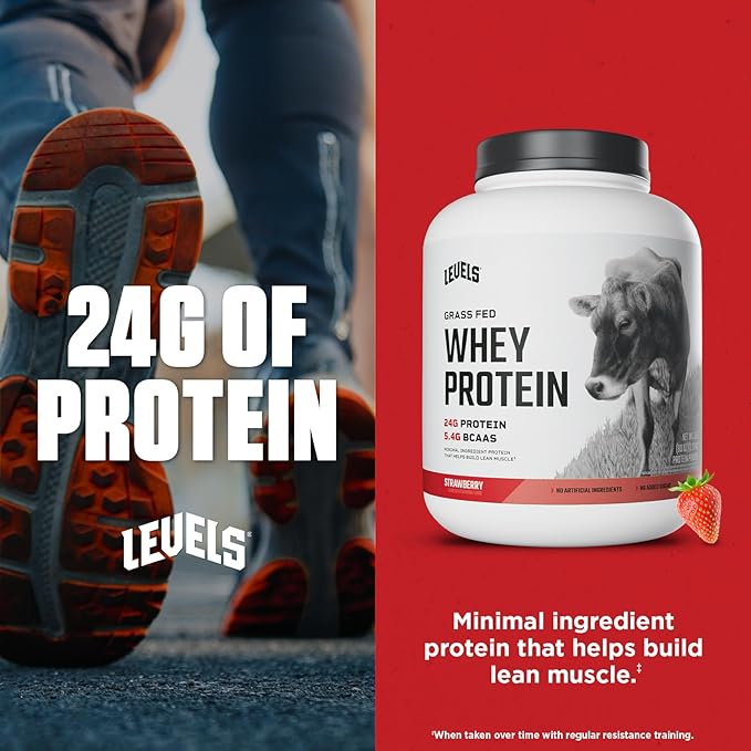 Levels Grass Fed Whey Protein Powder, No Artificials, 24G of Protein, Strawberry, 5LB