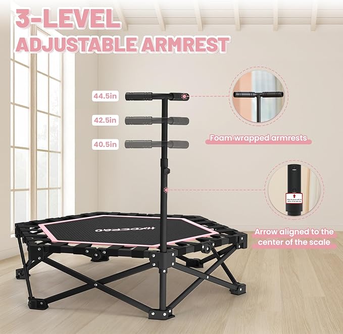 Foldable Mini Trampoline, Rebounder Trampoline with Adjustable Foam Handle, Fitness Trampoline for