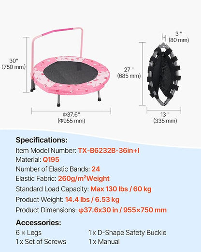 VEVOR 3FT Trampoline 36" Indoor/Outdoor for Toddlers, Foldable Mini Baby With Foam Handle