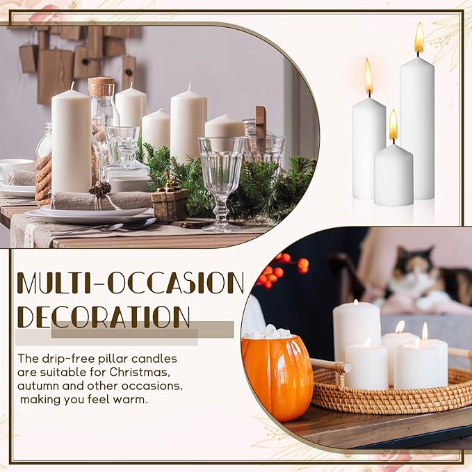 36PC Pillar Candles Bulk 2 in x 3, 6, 8 Inch Long Burning Wax Pillar Candles Unscented Smokeless