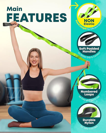 Stretching Strap with Loops - Non Elastic Stretch Band for Physical Therapy, Yoga Strap for