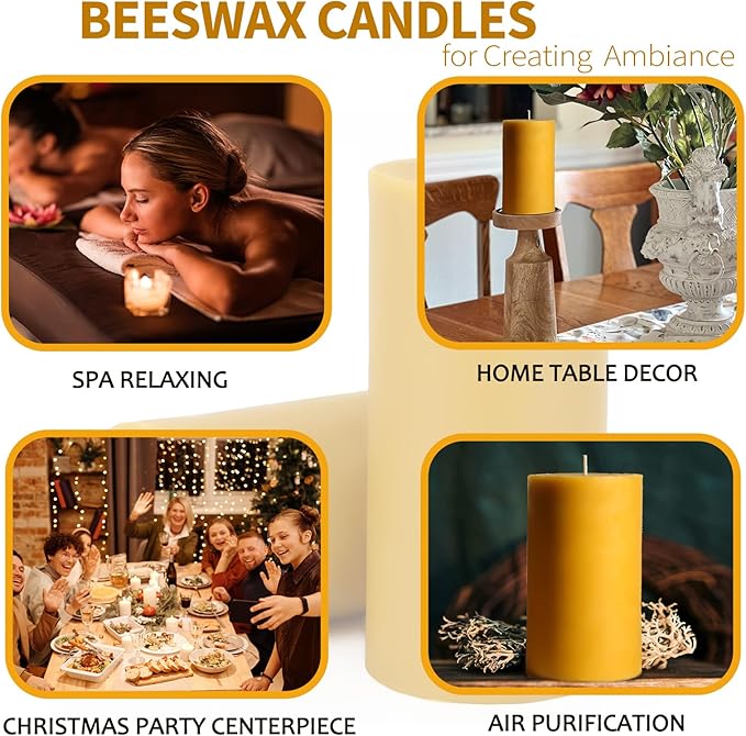 Natural Beeswax Candles Pillar, 2 Packs, 70 Hours Burn Time, 100% Pure Beeswax Candles for Home