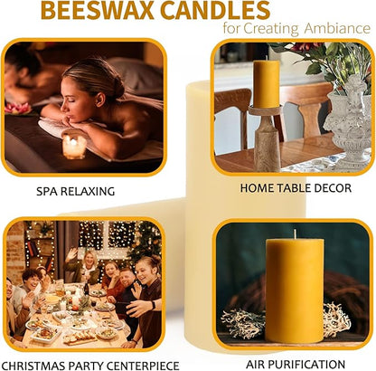 Natural Beeswax Candles Pillar, 2 Packs, 70 Hours Burn Time, 100% Pure Beeswax Candles for Home