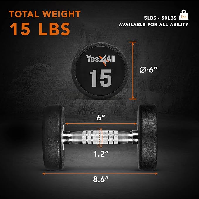 Yes4All Urethane Dumbbell with Anti-Slip Knurled Handle 5-50 LB for Muscle Building - Sold