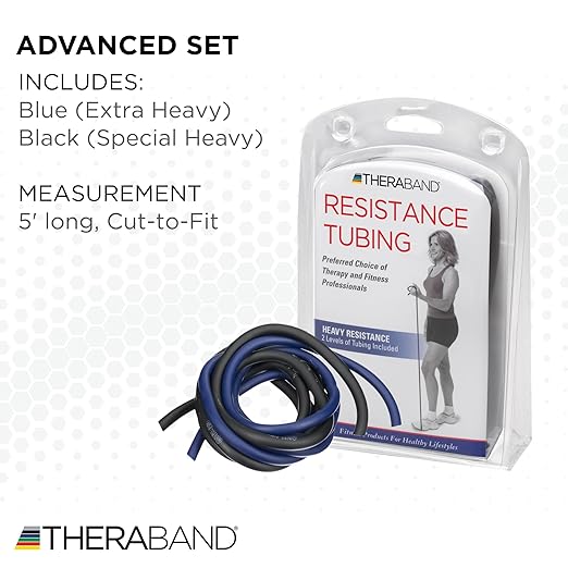 THERABAND Resistance Tubes, Advanced Set, Blue & Black, 5 ft Latex Tubing, Home or Clinic Use