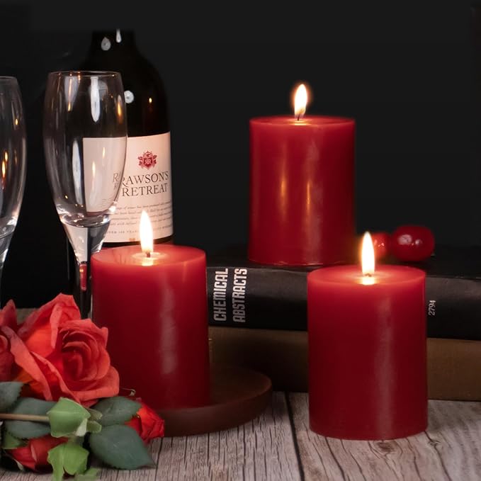 KONNI Dark Red Pillar Candles Set of 3, 3"x 6" Unscented Pillar Candles Bulk, 56 Hours Long Burning