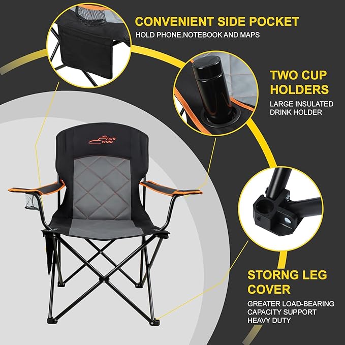 FAIR WIND 2 Pack Oversized Fully Padded Camping Chair Heavy Duty Quad Fold Arm Chair Support 350