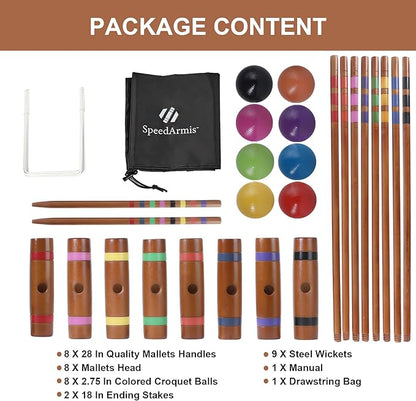 28In Croquet Party Set for 8 Players - Made of Long-Lasting Pine Wood, Family Fun for Backyards
