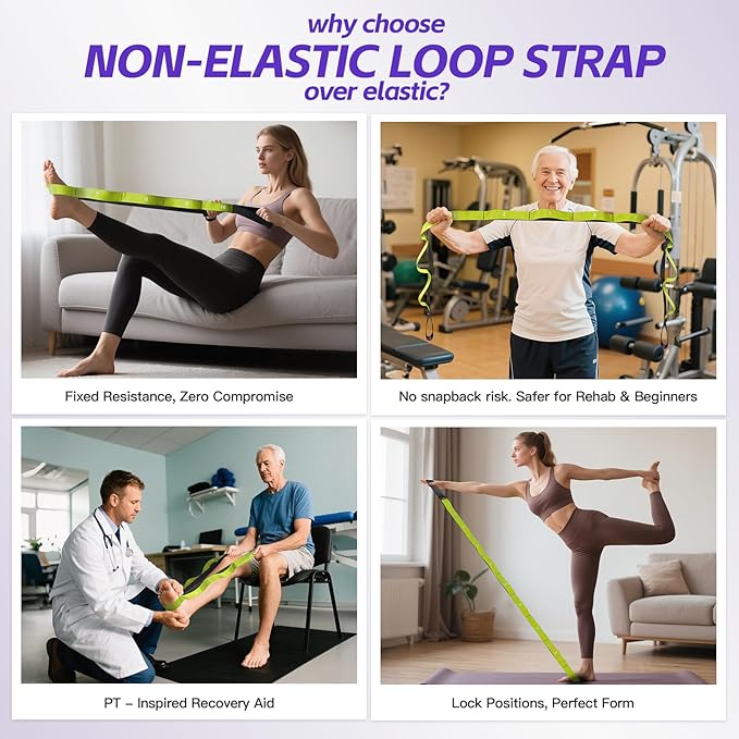 Stretching Strap with Loops - Non Elastic Yoga Straps for Physical Therapy, Durable Stretch Bands