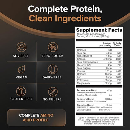 Falcon Performance Vegan Protein Powder, 31g Protein, 5g Creatine, 5g BCAA, Probiotics