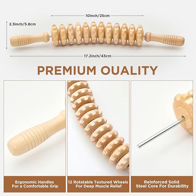 Wooden Cellulite Massage Roller for Legs and Thighs - Handheld Fascia Blaster Tool for Muscle