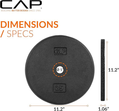 CAP Barbell Standard 1-Inch Cast Iron Weight Plates - Singles & Sets | 1.25-50 lbs | Multiple