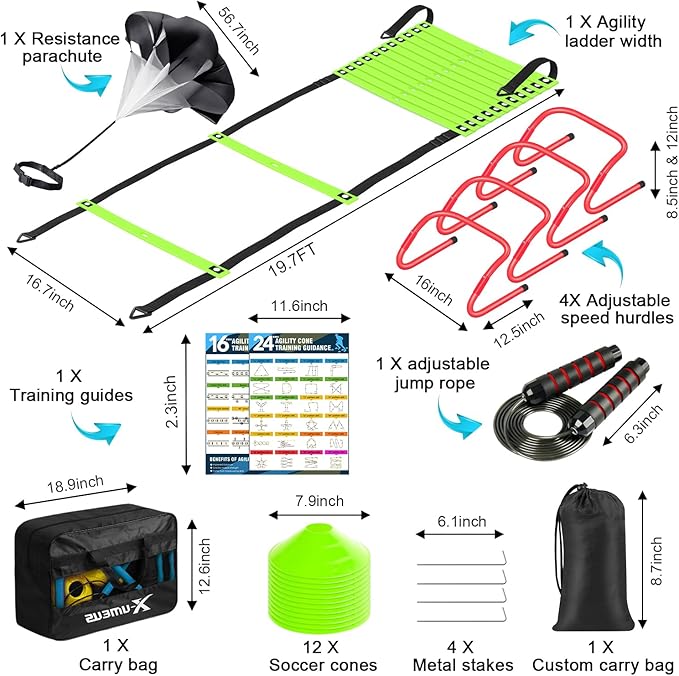 Agility Ladder Speed Training Equipment Set-20ft Agility Ladder,12 Soccer Cones,4 Hurdles, Jump
