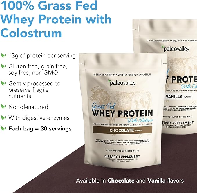 Paleovalley 100% Grassfed Whey Protein Powder with Colostrum, 13g Protein, Chocolate, Muscle
