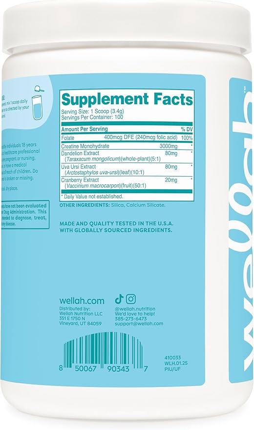 Wellah Pump-It-Up Creatine (100 Servings, Unflavored) - Creatine Monohydrate with Dandelion, Uva