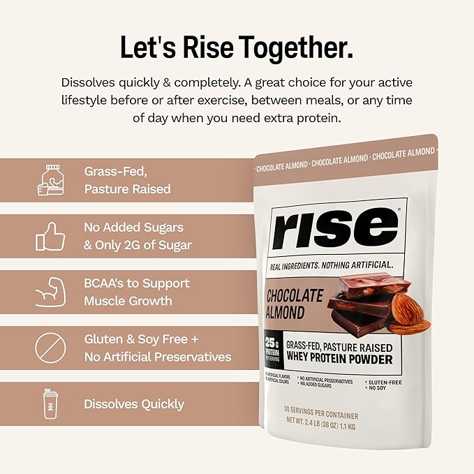 Rise Grass-Fed Whey Protein Powder - Chocolate Almond | 25g Protein No Artificial Flavors, Colors