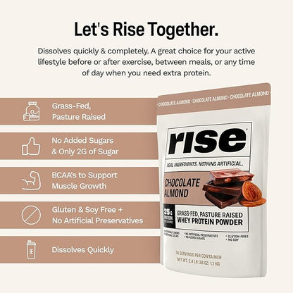 Rise Grass-Fed Whey Protein Powder - Chocolate Almond | 25g Protein No Artificial Flavors, Colors