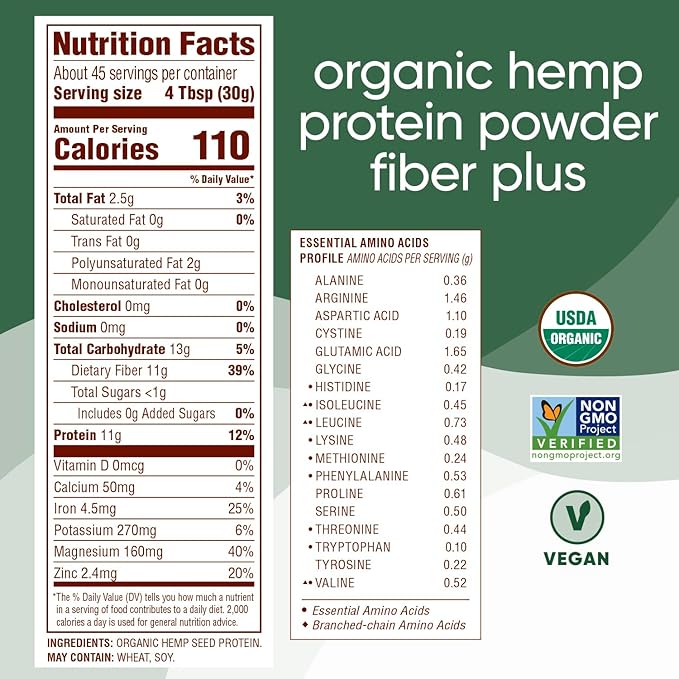 Nutiva USDA Organic Cold-Pressed Hemp Seed Plant Protein Power, 3 Pound, Fiber Plus with Essential