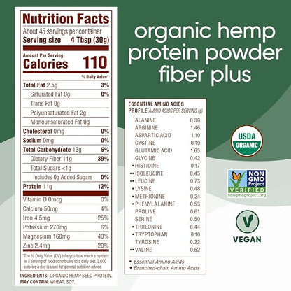 Nutiva USDA Organic Cold-Pressed Hemp Seed Plant Protein Power, 3 Pound, Fiber Plus with Essential