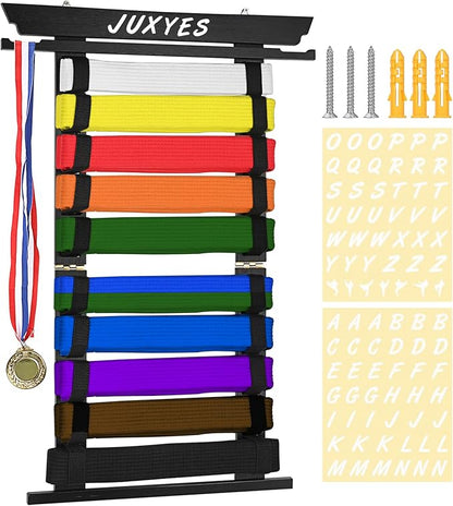 JUXYES Wall Hanging Martial Arts Belts Organizer for 10 Belts with Medal Hanger and Stickers
