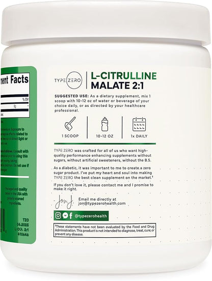 Type Zero L-Citrulline Malate Powder 2:1 6X (300g | 6000mg Per Serving | Unflavored) Ultra Clean L