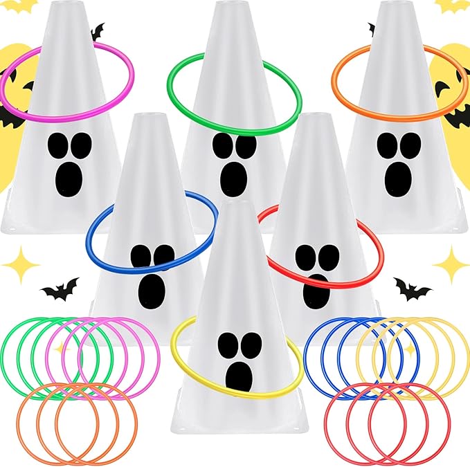 24 PcsHalloween Ring Toss Game Outdoor Carnival Party Games Include 6 Plastic Cones 18 Toss Rings