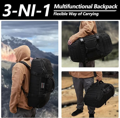 65L Large Duffle Bag, 3-in-1 Tactical Backpack MOLLE Pack for Workout, Sports, Gym, Outdoor, Black