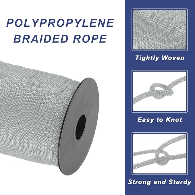 MECCANIXITY 1/8 Inch Polypropylene Rope Braided Ropes, 328ft Nylon Rope Hollow Utility Cord for