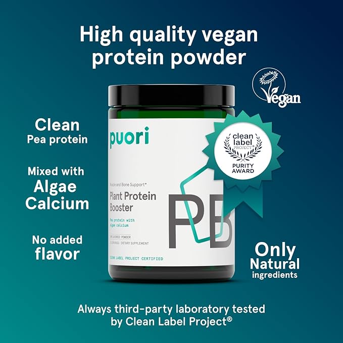 Puori Vegan Plant Protein Enhancer Powder - 25 Servings - Neutral Flavor Pea Protein with Algae