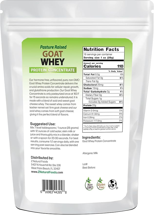 Z Natural Foods Goat Whey Protein Powder Concentrate - Undenatured, Unflavored, Pasture Raised Whey