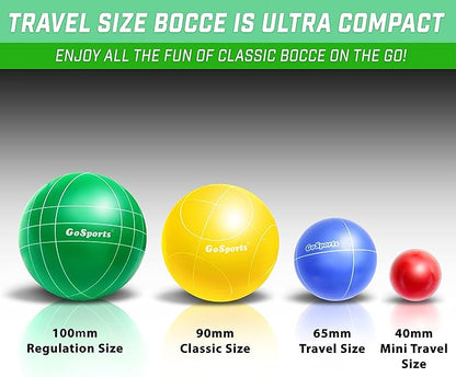 GoSports Mini Travel Size Bocce Game Set with 8 Balls, Pallino, Tote Bag and Measuring Rope