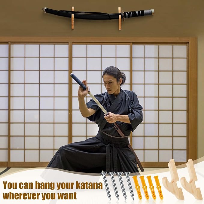 Chunful 2 Pcs Sword Wall Mount Sword Holder Katana Stand 1 Tier Hanger Adjustable Wooden Mounts for