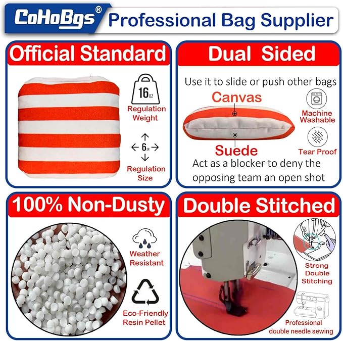 CoHoBgs Corn Hole Bags Set 8, Professional Cornhole Bags Dual-Sided Slick & Stick Resin Filled