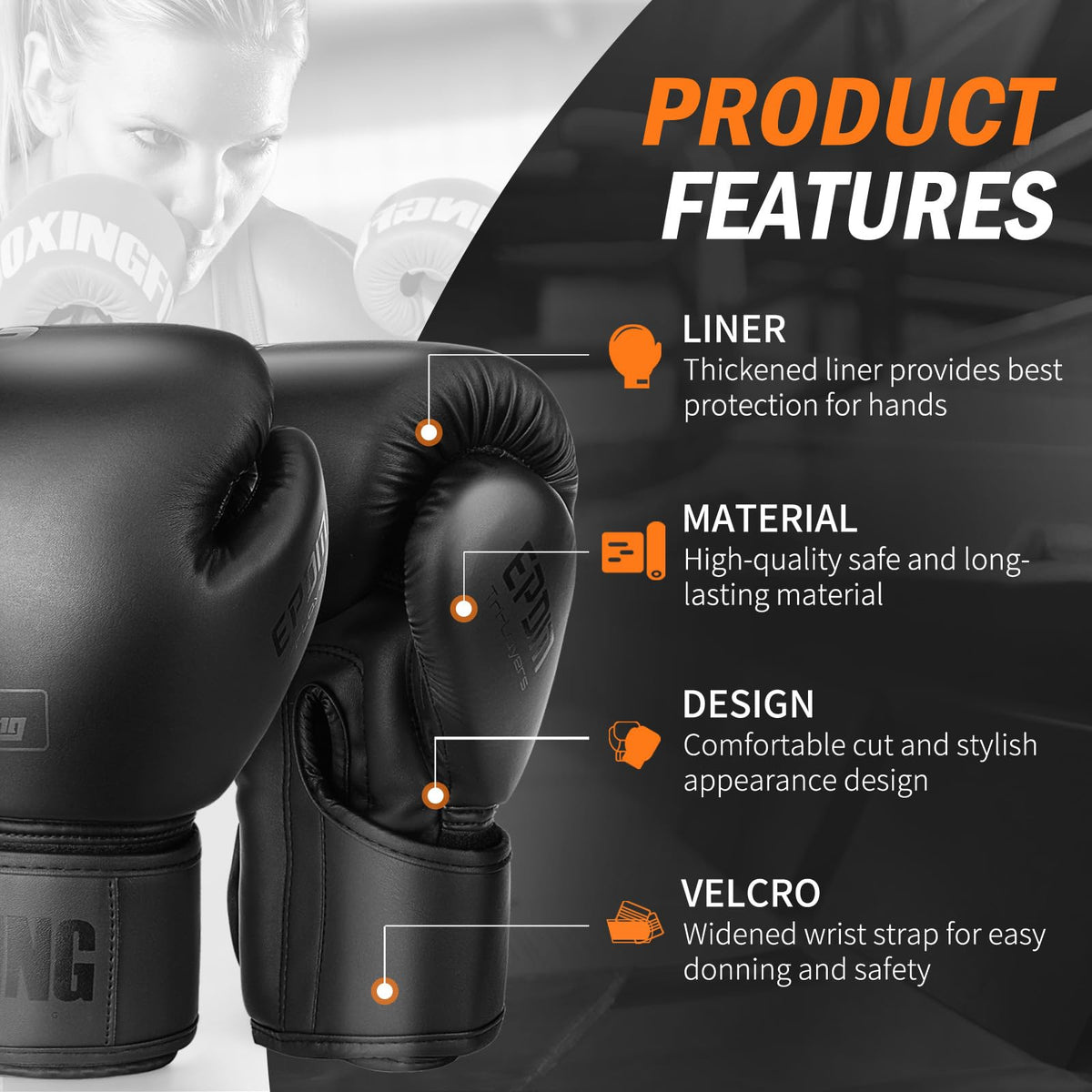 FIVING Boxing Gloves for Men and Women (Black,12oz)