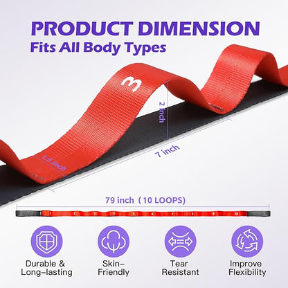 Stretching Strap with Loops - Non Elastic Yoga Straps for Physical Therapy, Durable Stretch Bands