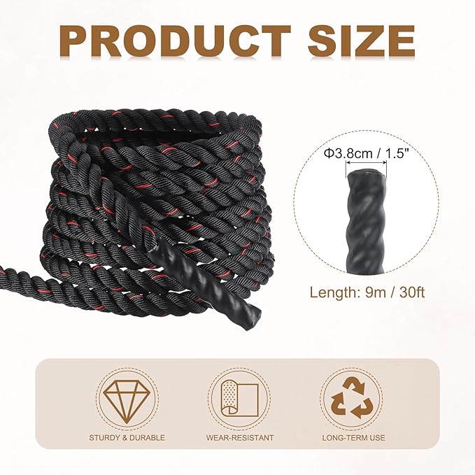 MECCANIXITY Battle Rope 30ft x 1.5 Inch Polyester Workout Rope Heavy Fitness Exercise Rope for