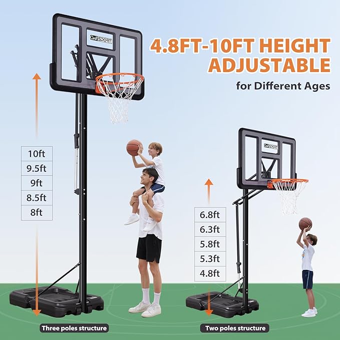 Portable Basketball Hoop Outdoor, 4.8-10FT Height Adjustable Basketball Hoop Goal System with 44/48