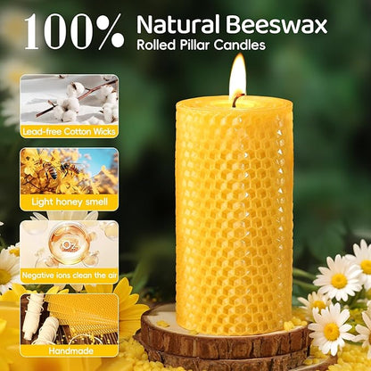 6 Pack Natural Beeswax Pillar Candles,2.8x6in Handmade Beeswax Rolled Candles,258 Hours Long