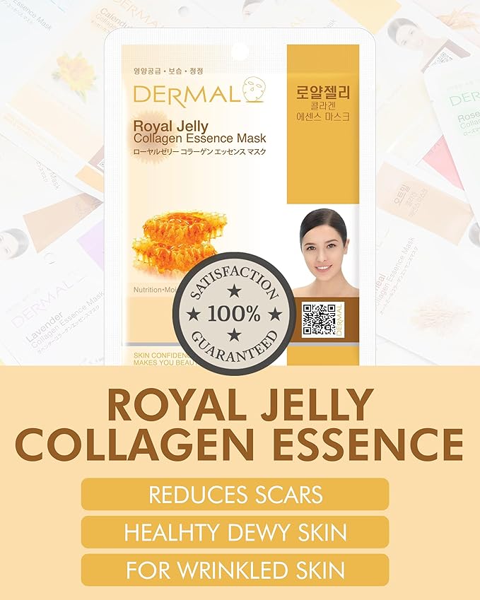 DERMAL Royal Jelly Collagen Essence Korean Facial Mask Sheet Pack of 10 - Intensive Moisture
