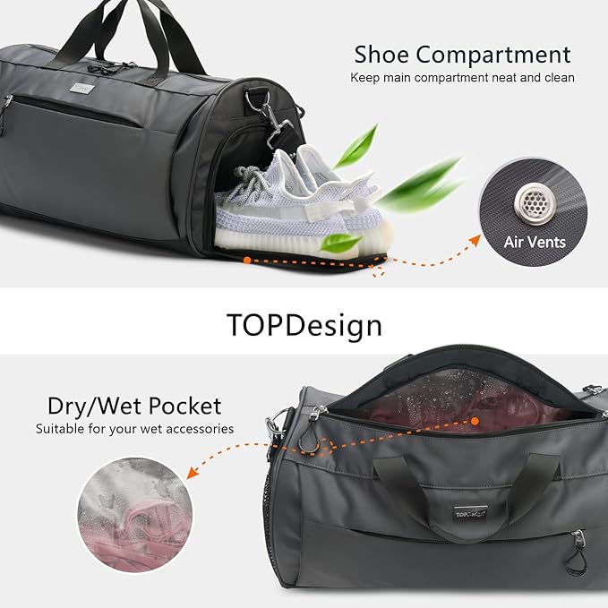 TOPDesign Gym Bag for Women & Men, Unisex Duffel Bag with Shoe Compartment & Wet Pocket for Travel