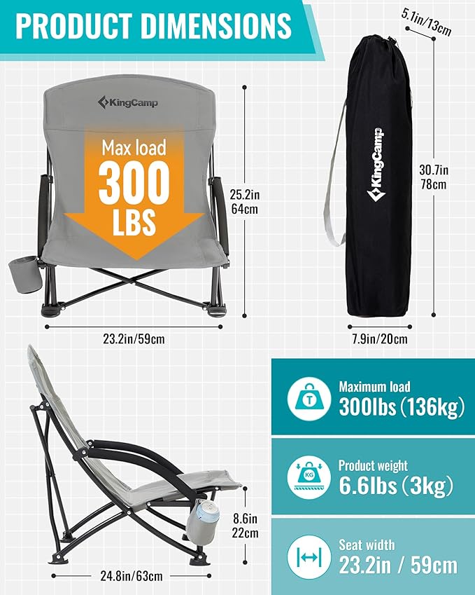 KingCamp Low Beach Chairs, Portable Folding Chair for Adults Extra Wide Ergonomic High Back Seat